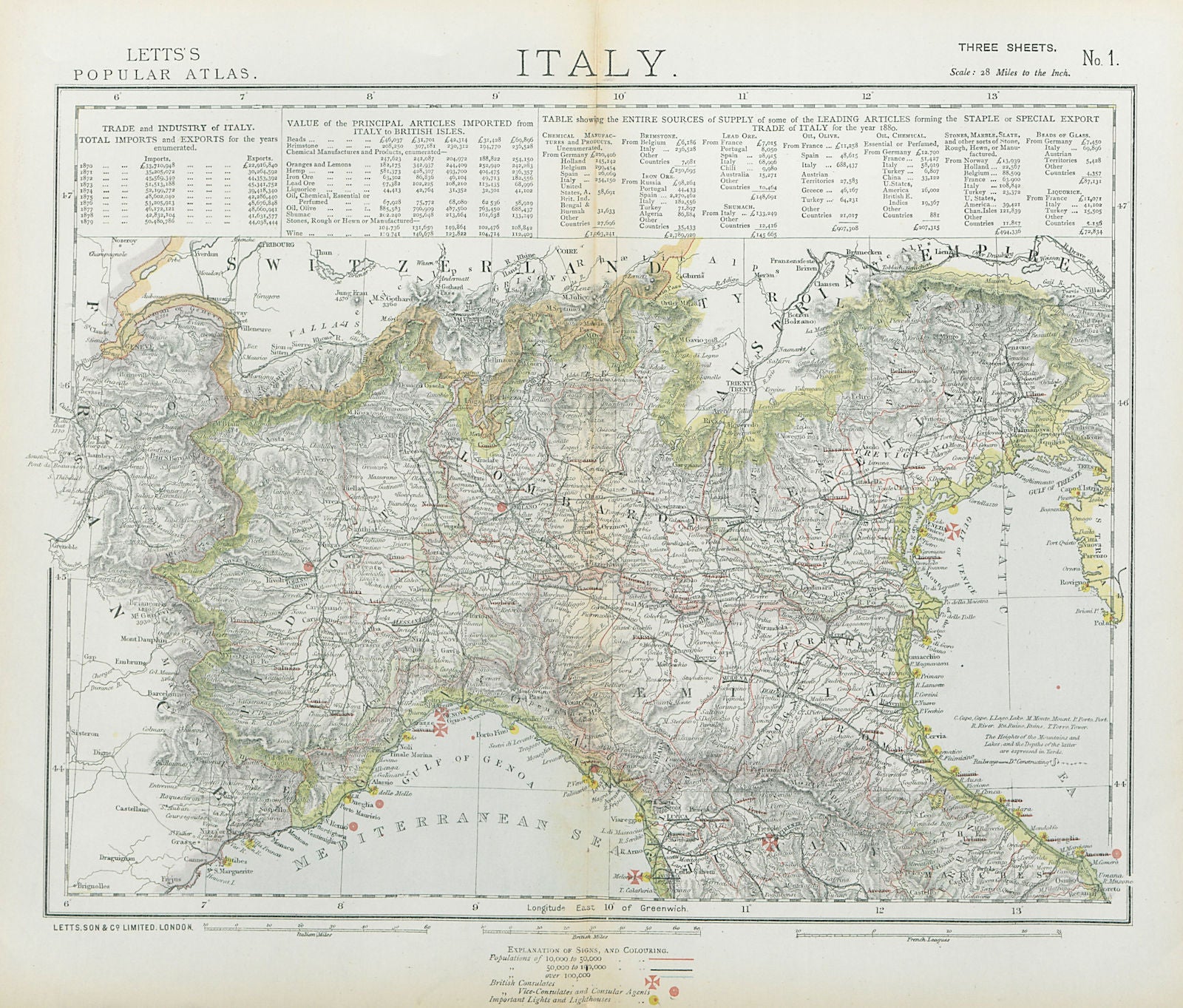 NORTHERN ITALY. Lombardy Piedmont British consulates Lighthouses. LETTS 1883 map